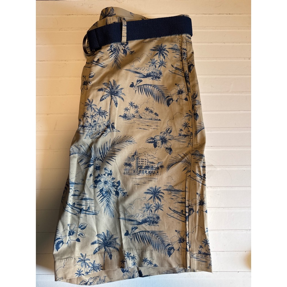Savane Shorts Mens 36 Tan Blue Tropical Toile Cotton New Select Edition Belted
